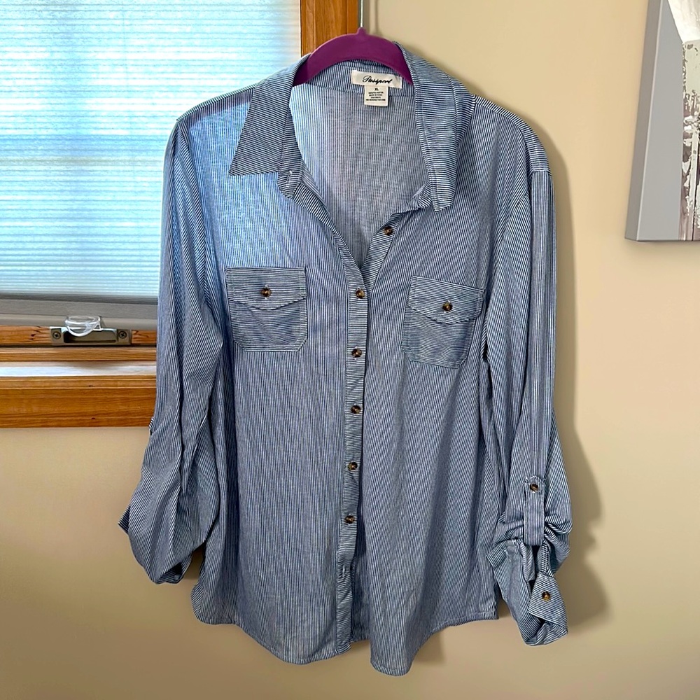 White with black stripes (small details) women’s button down shirt